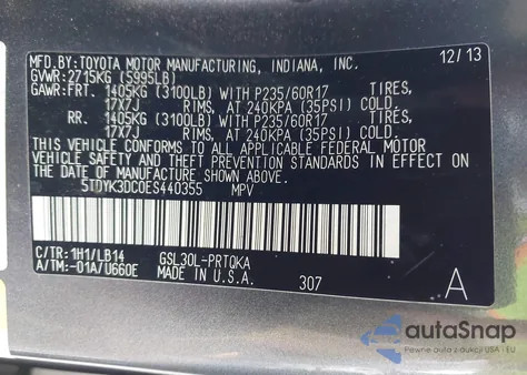 2014 Toyota Sienna Xle V6 8 Passenger from USA, damaged, VIN 5TDYK3DC0ES440355